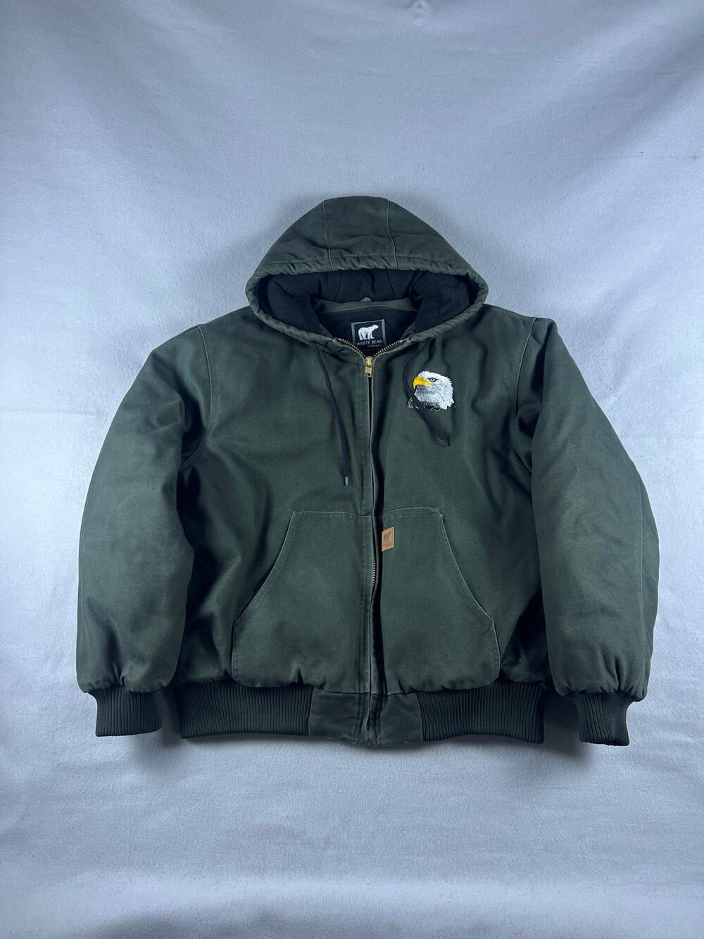 White Bear Jacket Mens L Green Canvas Hooded Lined Bald Eagle Workwear Winter